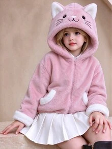 SHEIN 1件女童甜美風休閒外套，校園休閒穿搭，秋冬款3D貓咪刺繡連帽寬鬆抓絨夾克 - 粉色 - 查看 3