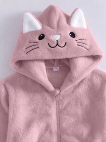 SHEIN 1件女童甜美風休閒外套，校園休閒穿搭，秋冬款3D貓咪刺繡連帽寬鬆抓絨夾克 - 粉色 - 查看 8