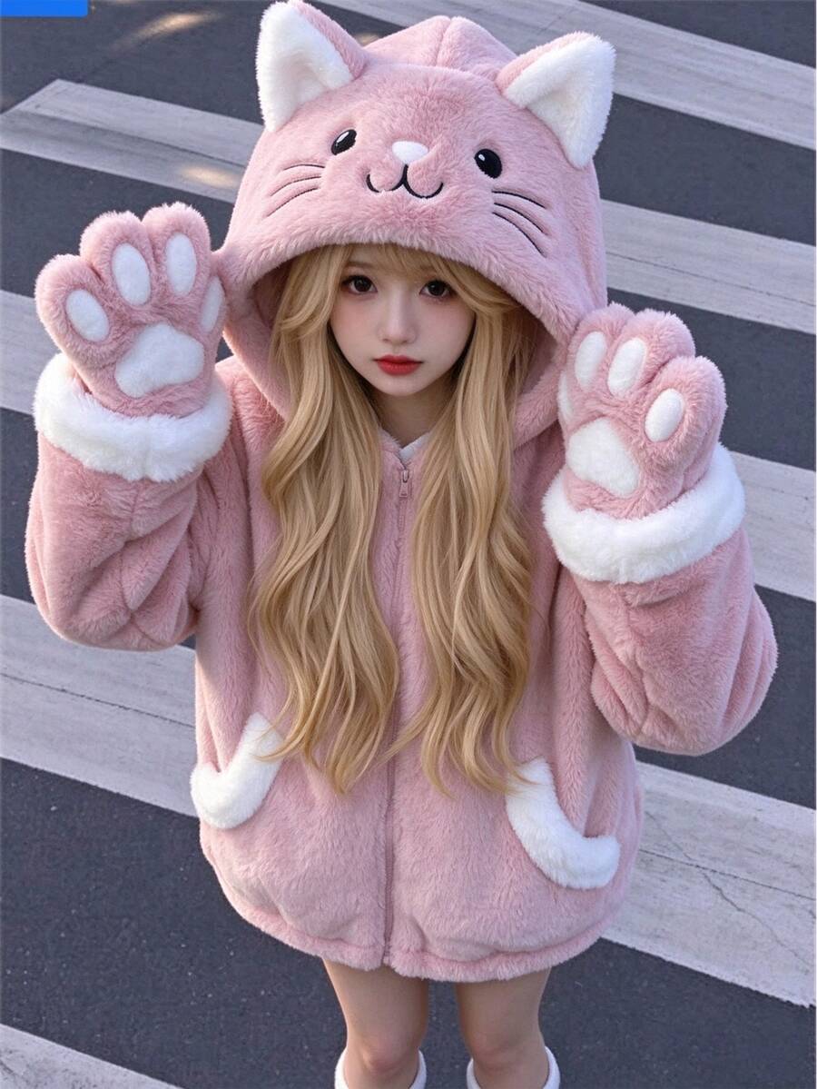 SHEIN 1件女童甜美風休閒外套,校園休閒穿搭,秋冬款3D貓咪刺繡連帽寬鬆抓絨夾克 - 粉色 - 查看 1