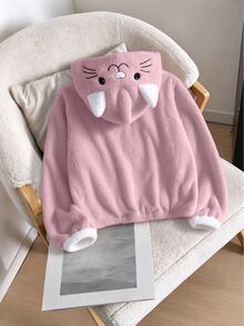 SHEIN 1件女童甜美風休閒外套，校園休閒穿搭，秋冬款3D貓咪刺繡連帽寬鬆抓絨夾克 - 粉色 - 查看 2