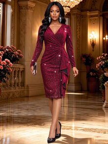 Fleurora Women's Solid Color Shiny Pleated Patchwork Ruffle Trim Fitted Fashion Short Dress - Burgundy - View 1