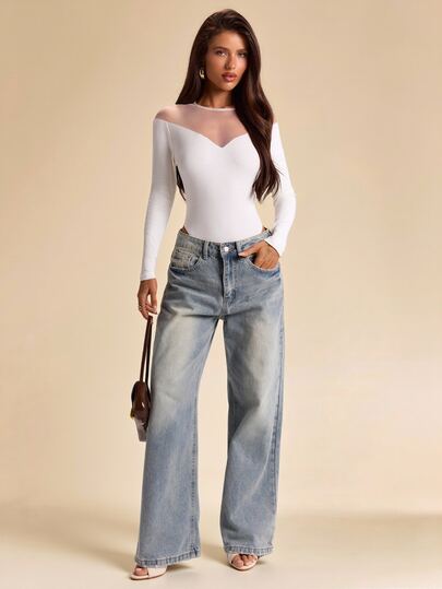 SHEIN BAE Autumn/Winter Solid White Ribbed Knit Long Sleeve Sheer Patchwork Women's Bodysuit