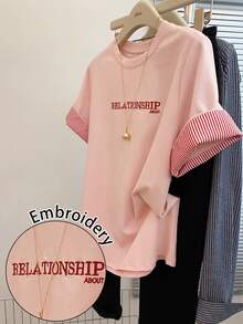 Resyla Women's T-Shirt / Women's Red And White Stripe Color Block T-Shirt / Embroidery Style / Casual Daily / Summer School - Multicolor - View 1