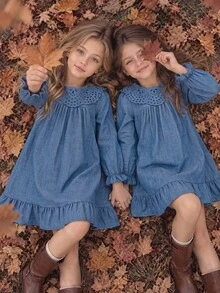 SHEIN 1pc Girls' Autumn New Fresh Style Loose Fit Long Sleeve Dress With Elastic Cuffs, Exquisite Collar Flower, Back Opening Design, Casual Versatile Dress For Back To School And Outings - Blue - View 3