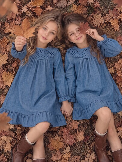 SHEIN 1pc Girls' Autumn New Fresh Style Loose Fit Long Sleeve Dress With Elastic Cuffs, Exquisite Collar Flower, Back Opening Design, Casual Versatile Dress For Back To School And Outings