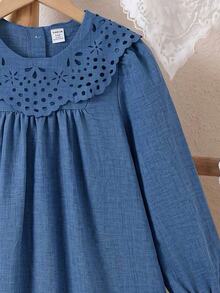 SHEIN 1pc Girls' Autumn New Fresh Style Loose Fit Long Sleeve Dress With Elastic Cuffs, Exquisite Collar Flower, Back Opening Design, Casual Versatile Dress For Back To School And Outings - Blue - View 6