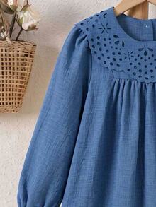SHEIN 1pc Girls' Autumn New Fresh Style Loose Fit Long Sleeve Dress With Elastic Cuffs, Exquisite Collar Flower, Back Opening Design, Casual Versatile Dress For Back To School And Outings - Blue - View 5