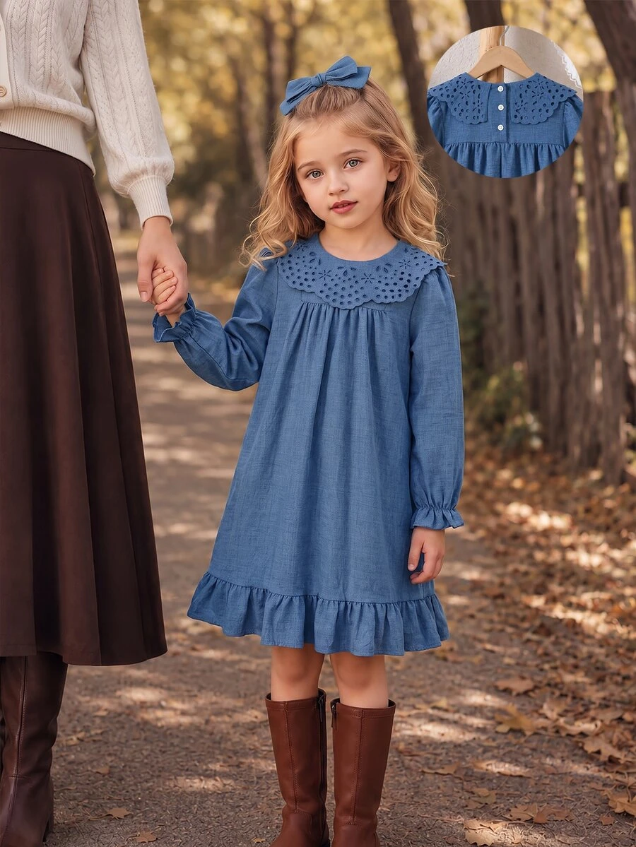 SHEIN 1pc Girls' Autumn New Fresh Style Loose Fit Long Sleeve Dress With Elastic Cuffs, Exquisite Collar Flower, Back Opening Design, Casual Versatile Dress For Back To School And Outings - Blue - View 1