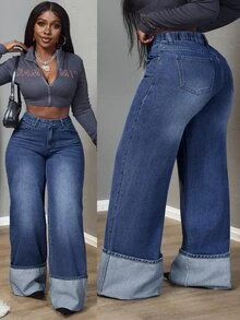 SHEIN Tall CURVE Quần jeans dáng rộng cỡ lớn có đai, thoải mái, thoáng khí, đa năng, thích hợp mặc hàng ngày. - Màu xanh lam - Xem 1