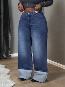 SHEIN Tall CURVE Quần jeans dáng rộng cỡ lớn có đai, thoải mái, thoáng khí, đa năng, thích hợp mặc hàng ngày. - Màu xanh lam - Xem 4
