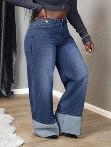 SHEIN Tall CURVE Quần jeans dáng rộng cỡ lớn có đai, thoải mái, thoáng khí, đa năng, thích hợp mặc hàng ngày. - Màu xanh lam - Xem 7