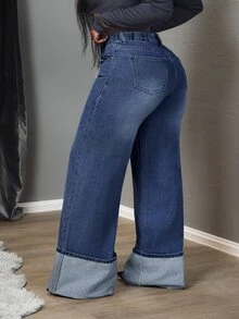 SHEIN Tall CURVE Quần jeans dáng rộng cỡ lớn có đai, thoải mái, thoáng khí, đa năng, thích hợp mặc hàng ngày. - Màu xanh lam - Xem 2