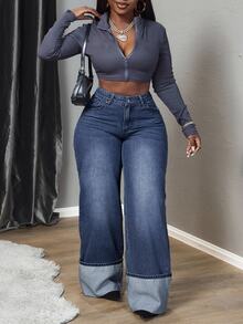SHEIN Tall CURVE Quần jeans dáng rộng cỡ lớn có đai, thoải mái, thoáng khí, đa năng, thích hợp mặc hàng ngày. - Màu xanh lam - Xem 6