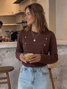 Serisse Women's Fall Casual Elegant Long Sleeve Round Neck Drop Shoulder Napoleon Metal Button Detail Contrast Panel Loose Fit Shades Of Brown T-Shirt Office - Brown - View 3