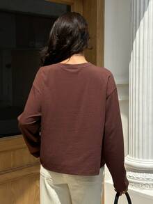 Serisse Women's Fall Casual Elegant Long Sleeve Round Neck Drop Shoulder Napoleon Metal Button Detail Contrast Panel Loose Fit Shades Of Brown T-Shirt Office - Brown - View 2