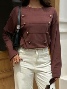 Serisse Women's Fall Casual Elegant Long Sleeve Round Neck Drop Shoulder Napoleon Metal Button Detail Contrast Panel Loose Fit Shades Of Brown T-Shirt Office - Brown - View 9