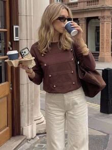 Serisse Women's Fall Casual Elegant Long Sleeve Round Neck Drop Shoulder Napoleon Metal Button Detail Contrast Panel Loose Fit Shades Of Brown T-Shirt Office - Brown - View 1