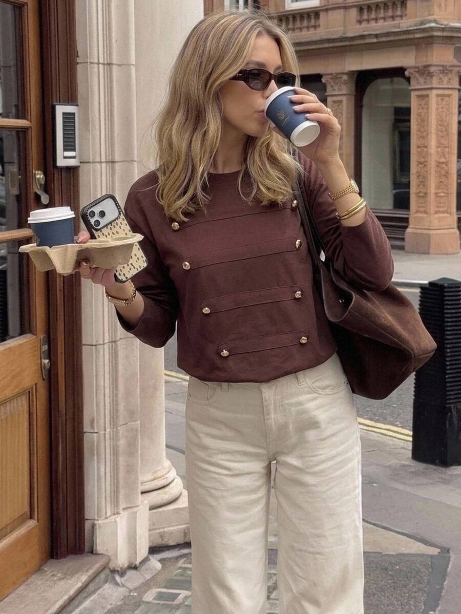 Serisse Women's Fall Casual Elegant Long Sleeve Round Neck Drop Shoulder Napoleon Metal Button Detail Contrast Panel Loose Fit Shades Of Brown T-Shirt Office - Brown - View 1