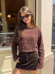 Serisse Women's Fall Casual Elegant Long Sleeve Round Neck Drop Shoulder Napoleon Metal Button Detail Contrast Panel Loose Fit Shades Of Brown T-Shirt Office - Brown - View 5