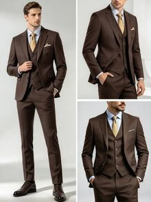 ARLO REED Setelan Jas Pria 3 Potong: Jaket Lengan Panjang dengan Kerah Berlekuk, Rompi, dan Celana - Chocolate Brown - View 3