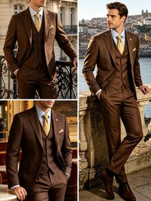 ARLO REED Setelan Jas Pria 3 Potong: Jaket Lengan Panjang dengan Kerah Berlekuk, Rompi, dan Celana - Chocolate Brown - View 6