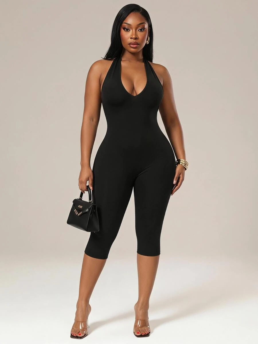 Radiana Plus Size Women's Leopard Print Deep V-Neck Sexy Glamorous Halter Neck 3/4 Length Jumpsuit Going Out Club Black Summer - Black - View 1