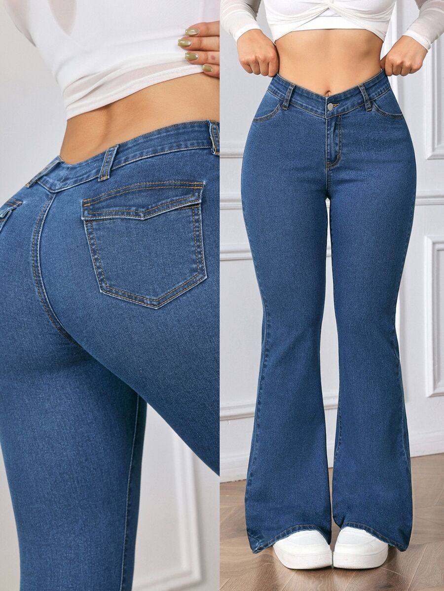 Flexra Celana Jeans Denim Kasual Wanita untuk Perjalanan Sehari-hari dengan Saku dan Kancing - Medium Wash - View 1