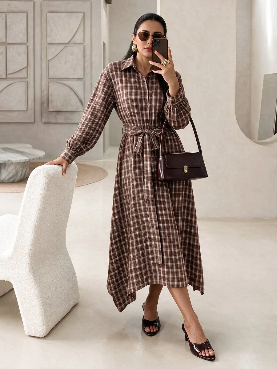 Rue Lumi Women's Waist Tie Plaid Midi Dress - Coffee Brown - View 1