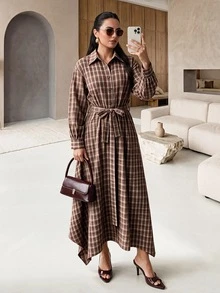 Rue Lumi Women's Waist Tie Plaid Midi Dress - Coffee Brown - View 6