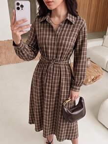 Rue Lumi Women's Waist Tie Plaid Midi Dress - Coffee Brown - View 3