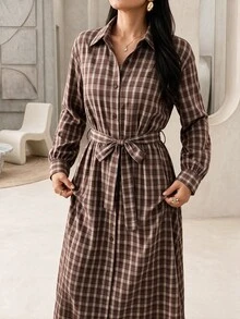 Rue Lumi Women's Waist Tie Plaid Midi Dress - Coffee Brown - View 5