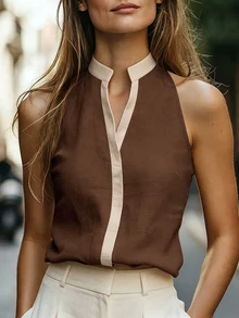 SHEIN Women's Business Commuter Colorblock Trim V-Neck Vest Shirt - Coffee Brown - View 3