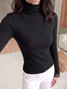 Rue Lumi Women's Textured Lace Patchwork High Neck T-Shirt - Black - View 7