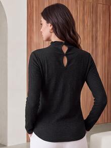 Rue Lumi Women's Textured Lace Patchwork High Neck T-Shirt - Black - View 2