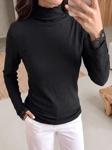 Rue Lumi Women's Textured Lace Patchwork High Neck T-Shirt - Black - View 3