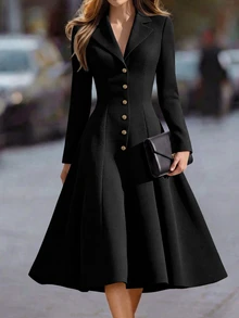 SHEIN Women's Autumn/Winter New Elegant Thick Wool Blend Blazer Collar Waist-Cinching A-Line Long Dress, Suitable For Parties, Dates, Commuting Occasions - Black - View 3