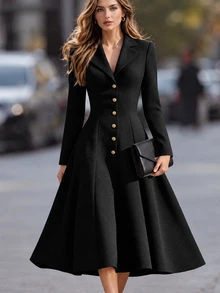 SHEIN Women's Autumn/Winter New Elegant Thick Wool Blend Blazer Collar Waist-Cinching A-Line Long Dress, Suitable For Parties, Dates, Commuting Occasions - Black - View 1
