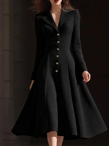 SHEIN Women's Autumn/Winter New Elegant Thick Wool Blend Blazer Collar Waist-Cinching A-Line Long Dress, Suitable For Parties, Dates, Commuting Occasions - Black - View 4