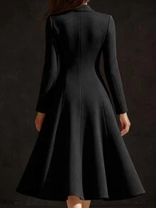 SHEIN Women's Autumn/Winter New Elegant Thick Wool Blend Blazer Collar Waist-Cinching A-Line Long Dress, Suitable For Parties, Dates, Commuting Occasions - Black - View 2