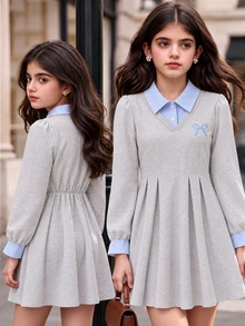 Tween Girls Preppy Style 2-In-1 Pleated Dress Striped Collar Thermal Lined Long Sleeve Fleece A-Line Casual Dress For Winter Fall School Outfits - Grey - View 7