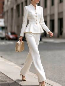 SHEIN Women's Autumn/Winter French Style Tweed Short Sleeve Round Neck Cropped Jacket With Gold Buttons And High-Waist Wide Leg Pants Set, Made Of Textured Coarse-Spun Fabric, Suitable For - White - View 3