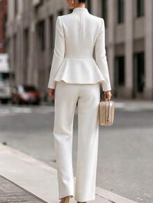 SHEIN Women's Autumn/Winter French Style Tweed Short Sleeve Round Neck Cropped Jacket With Gold Buttons And High-Waist Wide Leg Pants Set, Made Of Textured Coarse-Spun Fabric, Suitable For - White - View 2