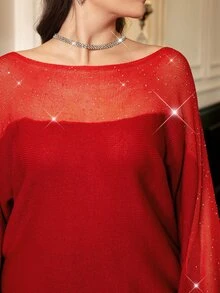 SHEIN Clasi 大尺碼時尚百搭亮片長袖針織上衣 秋冬聖誕雞尾酒會正式派對紅色優雅款 - 紅色 - 查看 8