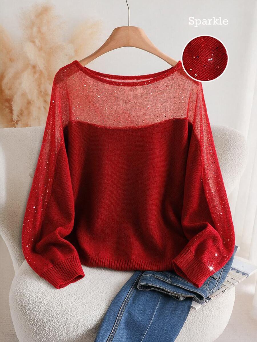 SHEIN Clasi Plus Size Fashion Versatile Sequin Long Sleeve Knit Top Fall Christmas Cocktail Formal Party Red Elegant - Red - View 1