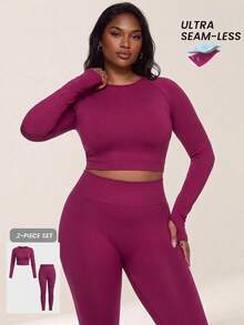 Innovista Innovista Women's Long Sleeve Plus Size Crop Top Seamless Sports 2 Piece Set, Tracksuit, Outfit, Matching Set, Fall, Winter, Autumn, Gym, Workout, Running, Yoga - Burgundy - View 1