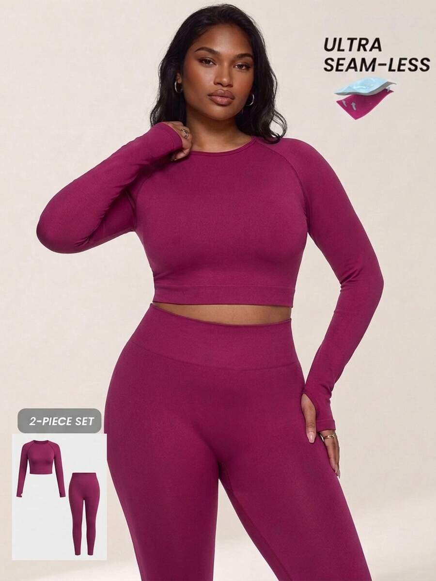 Innovista Innovista Women's Long Sleeve Plus Size Crop Top Seamless Sports 2 Piece Set, Tracksuit, Outfit, Matching Set, Fall, Winter, Autumn, Gym, Workout, Running, Yoga - Burgundy - View 1