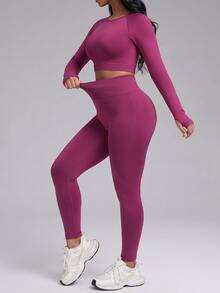 Innovista Innovista Women's Long Sleeve Plus Size Crop Top Seamless Sports 2 Piece Set, Tracksuit, Outfit, Matching Set, Fall, Winter, Autumn, Gym, Workout, Running, Yoga - Burgundy - View 15