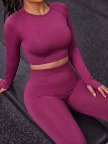 Innovista Innovista Women's Long Sleeve Plus Size Crop Top Seamless Sports 2 Piece Set, Tracksuit, Outfit, Matching Set, Fall, Winter, Autumn, Gym, Workout, Running, Yoga - Burgundy - View 4