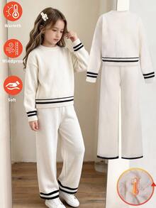 SHEIN Tween Girls Autumn/Winter Light Apricot Color Sweater Patchwork Long Sleeve Set Casual Daily Kids - Multicolor - View 1