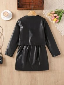 女童 PU 皮革 2 件套，秋冬長袖圓領皮夾克 + 裙子 - 黑色 - 查看 5